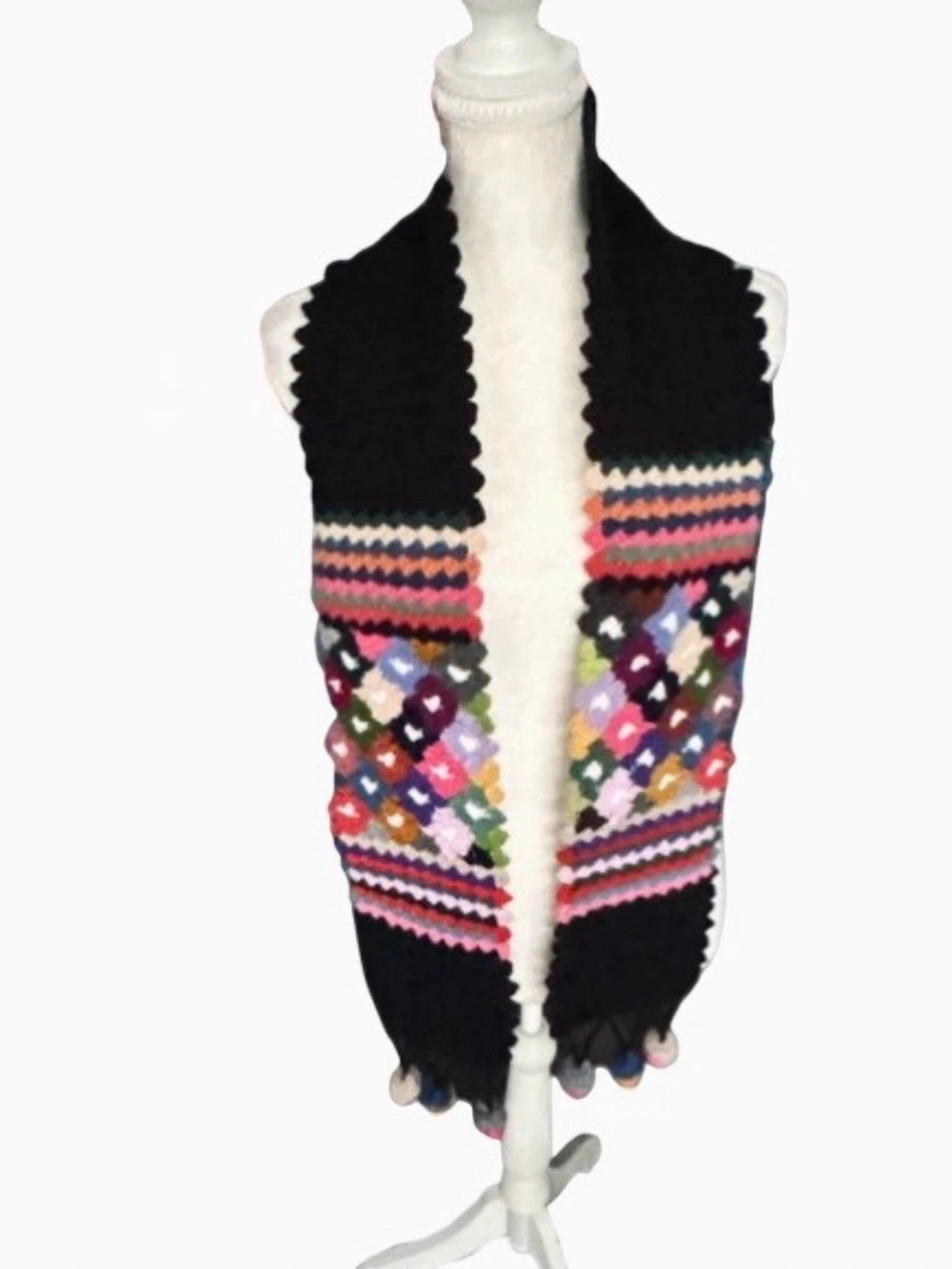 Pom Poms bohemian Woodstock Crochet Scarf Multicolor Floral Boho Fall Snow